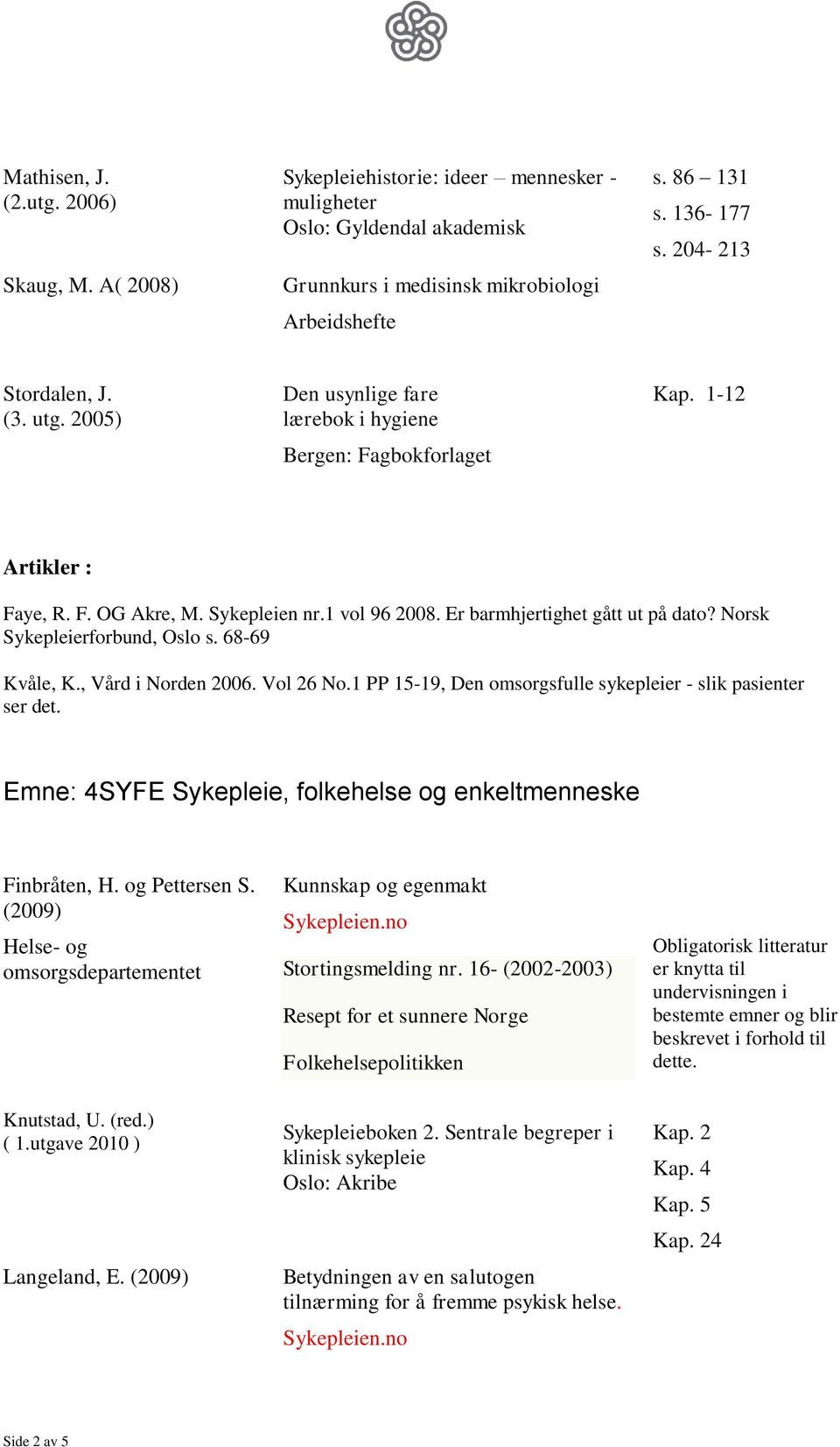 Norsk Sykepleierforbund, Oslo s. 68-69 Kvåle, K., Vård i Norden 2006. Vol 26 No.1 PP 15-19, Den omsorgsfulle r - slik pasienter ser det.