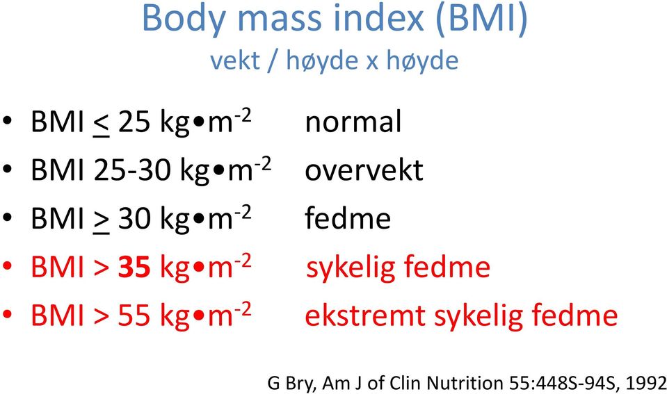 > 55 kg m -2 normal overvekt fedme sykelig fedme ekstremt