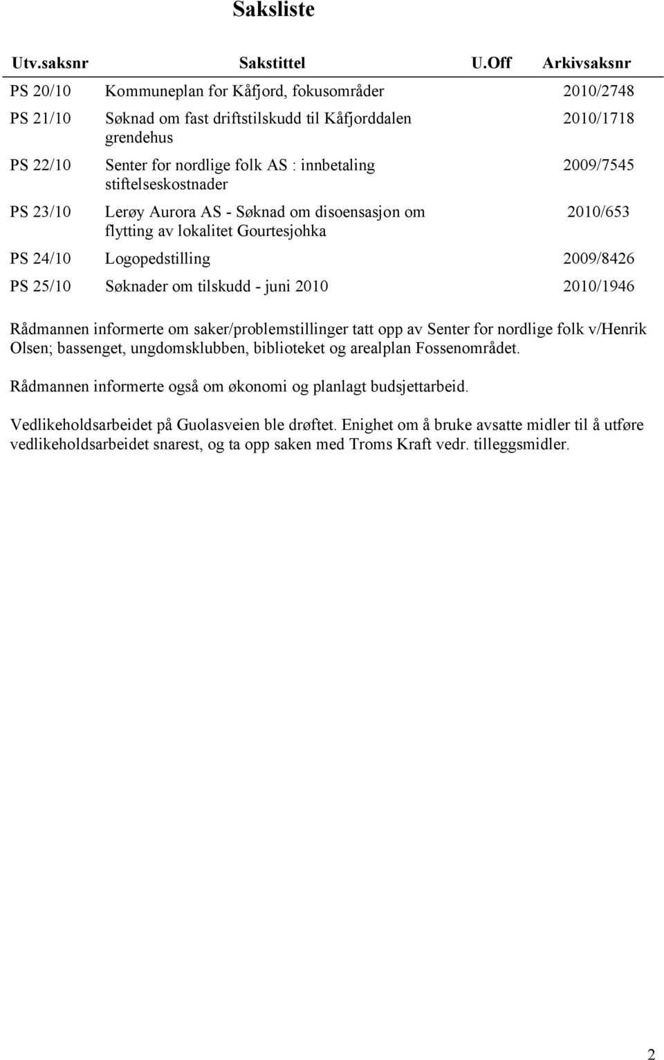 stiftelseskostnader Lerøy Aurora AS - Søknad om disoensasjon om flytting av lokalitet Gourtesjohka 2010/1718 2009/7545 2010/653 PS 24/10 Logopedstilling 2009/8426 PS 25/10 Søknader om tilskudd - juni
