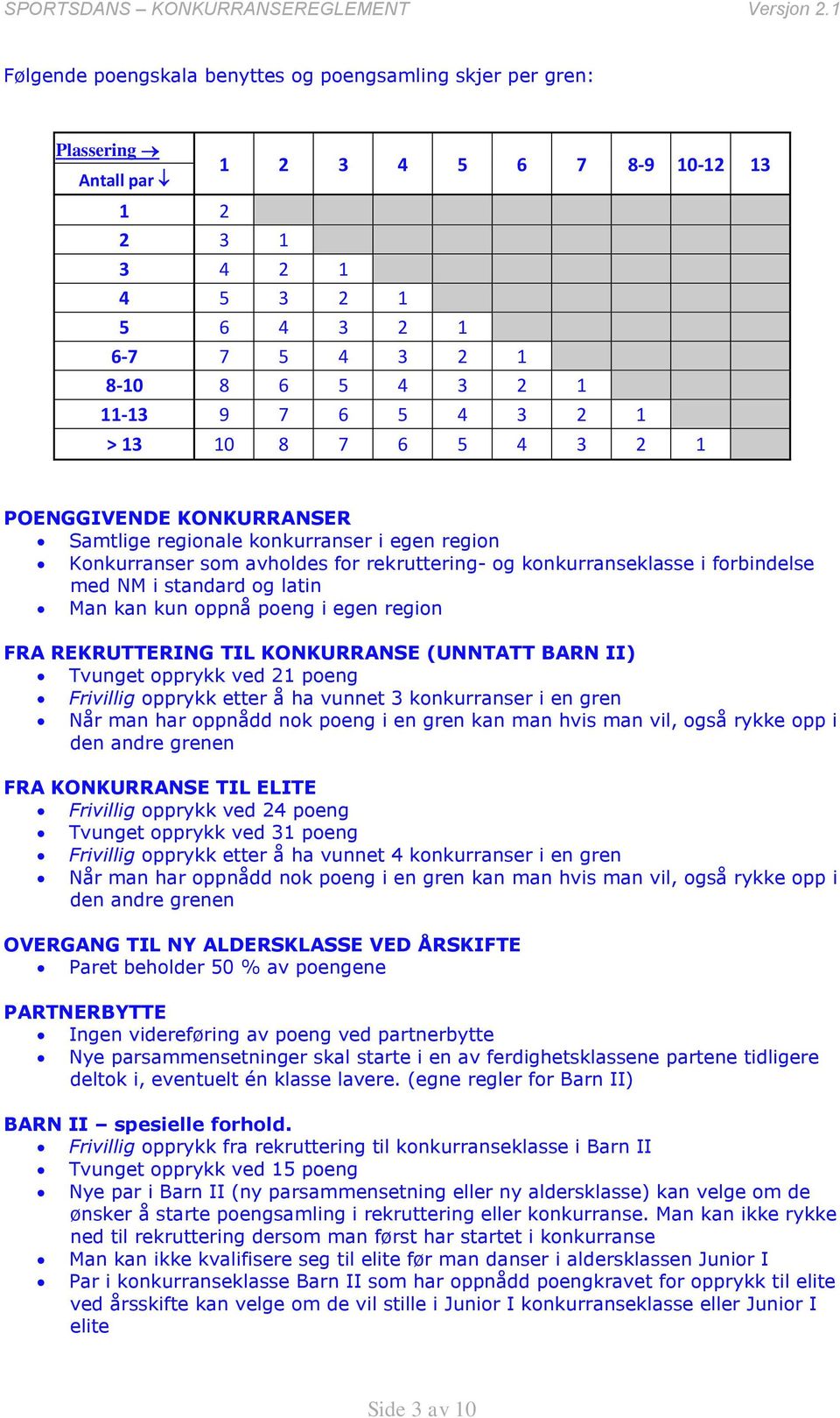 standard og latin Man kan kun oppnå poeng i egen region FRA REKRUTTERING TIL KONKURRANSE (UNNTATT BARN II) Tvunget opprykk ved 21 poeng Frivillig opprykk etter å ha vunnet 3 konkurranser i en gren