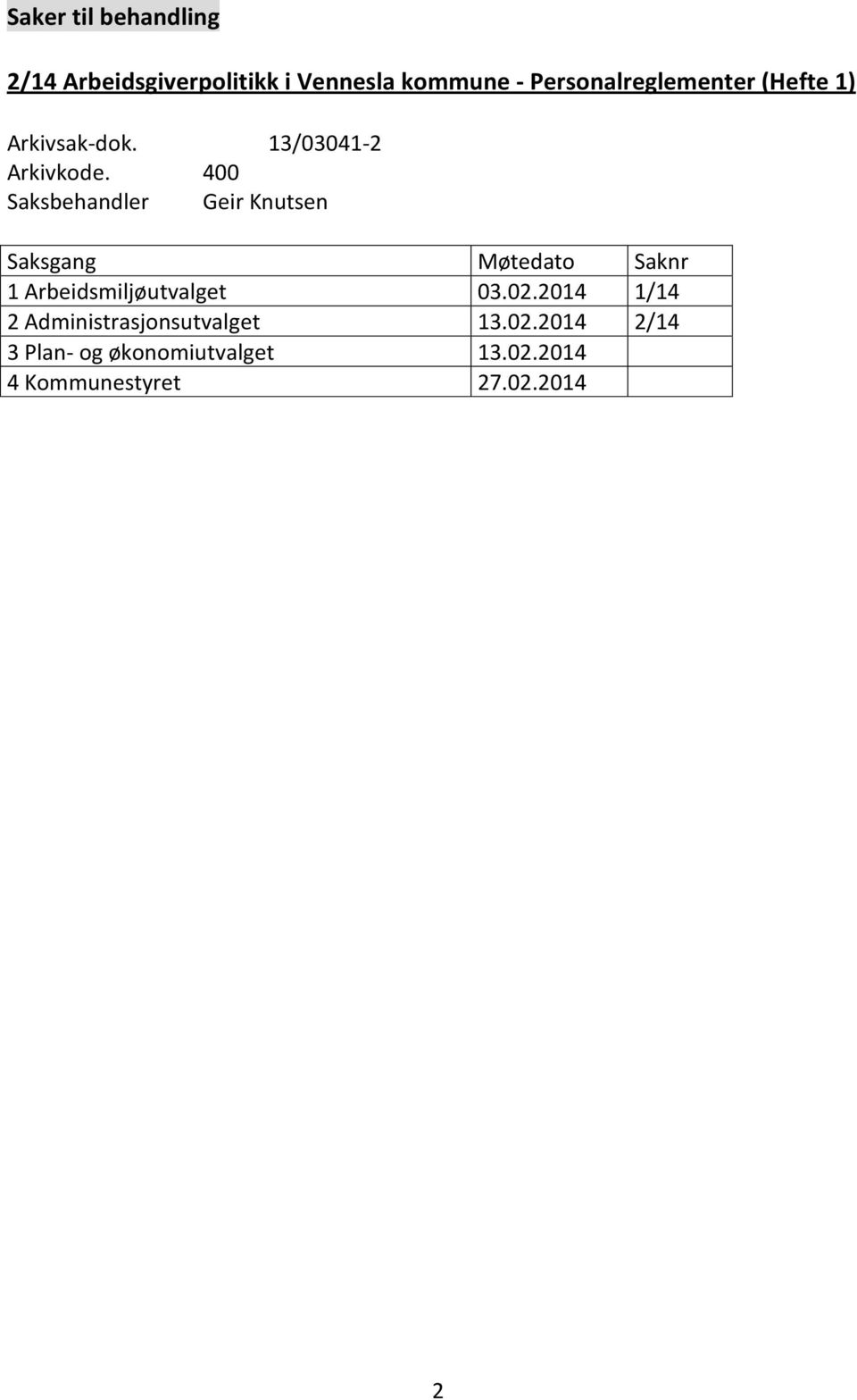 400 Saksbehandler Geir Knutsen Saksgang Møtedato Saknr 1 Arbeidsmiljøutvalget 03.02.