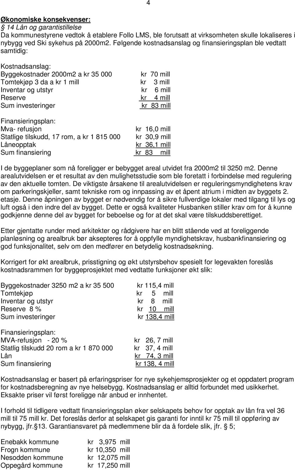 Reserve kr 4 mill Sum investeringer kr 83 mill Finansieringsplan: Mva- refusjon kr 16,0 mill Statlige tilskudd, 17 rom, a kr 1 815 000 kr 30,9 mill Låneopptak kr 36,1 mill Sum finansiering kr 83 mill