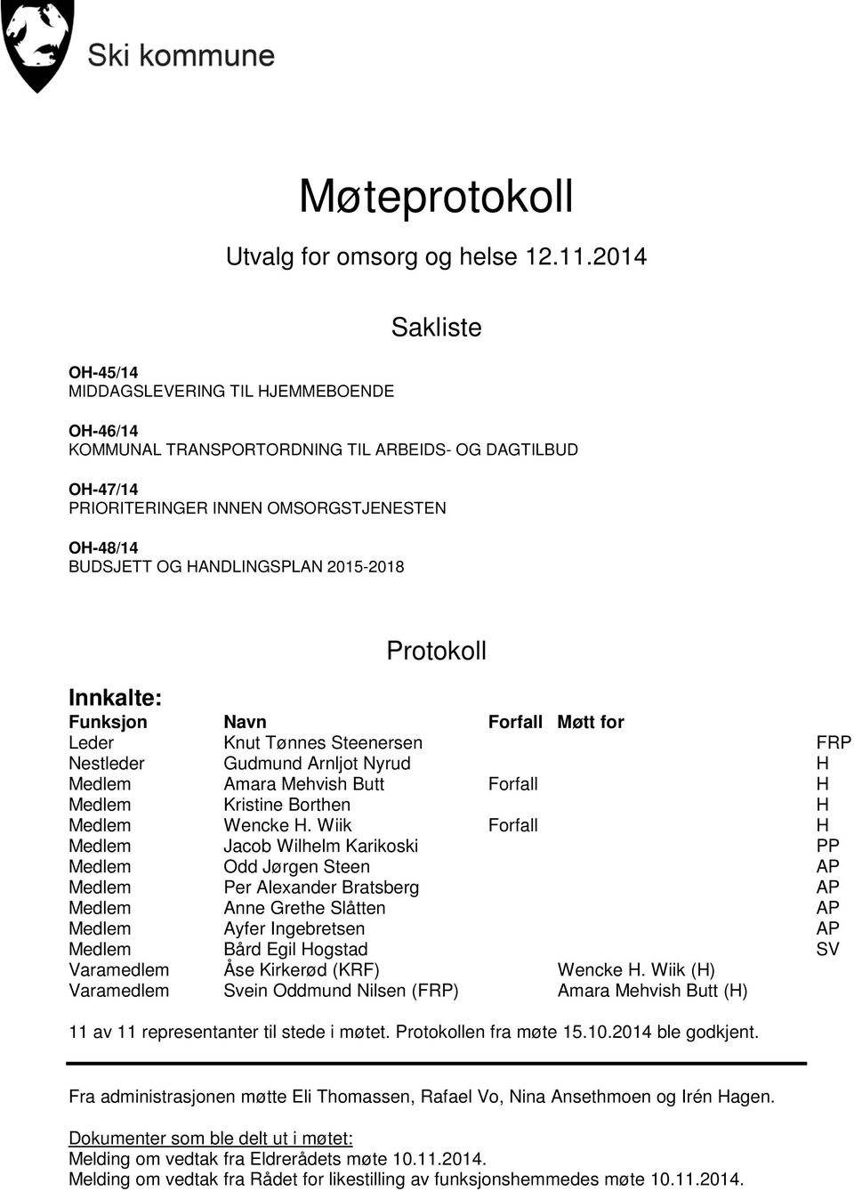 2015-2018 Protokoll Innkalte: Funksjon Navn Forfall Møtt for Leder Knut Tønnes Steenersen FRP Nestleder Gudmund Arnljot Nyrud H Medlem Amara Mehvish Butt Forfall H Medlem Kristine Borthen H Medlem