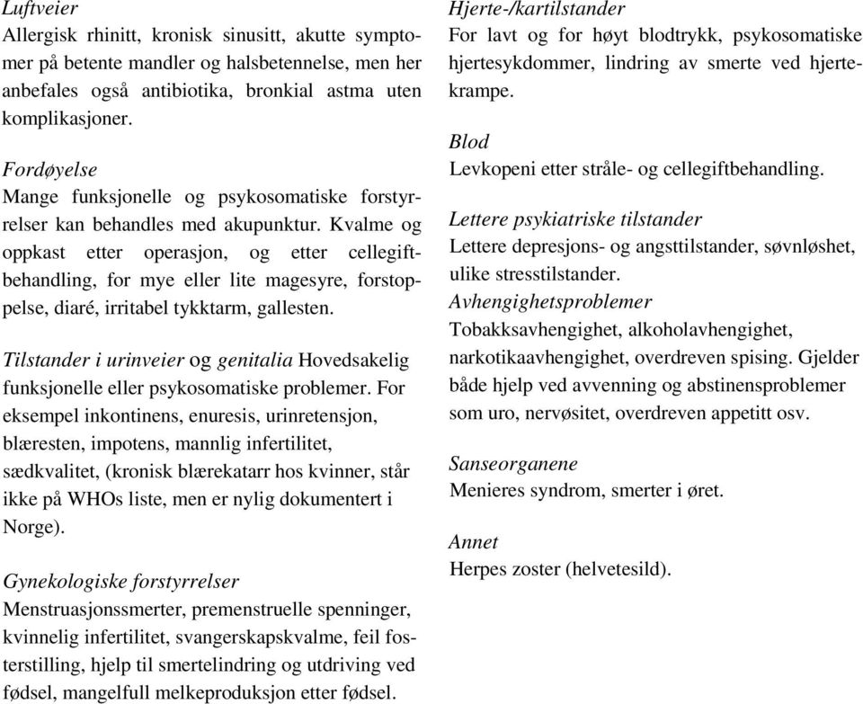 Kvalme og oppkast etter operasjon, og etter cellegiftbehandling, for mye eller lite magesyre, forstoppelse, diaré, irritabel tykktarm, gallesten.