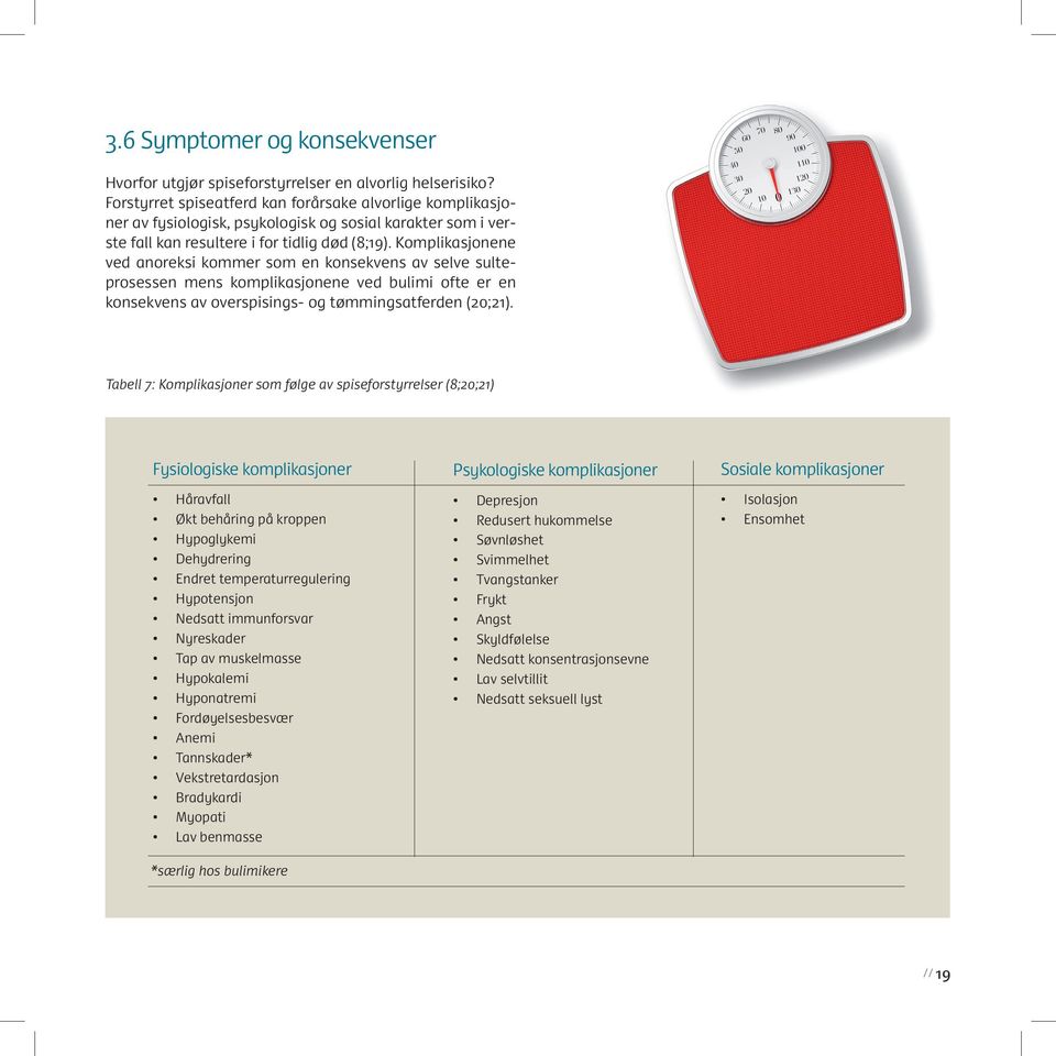 Komplikasjonene ved anoreksi kommer som en konsekvens av selve sulteprosessen mens komplikasjonene ved bulimi ofte er en konsekvens av overspisings- og tømmingsatferden (20;21).