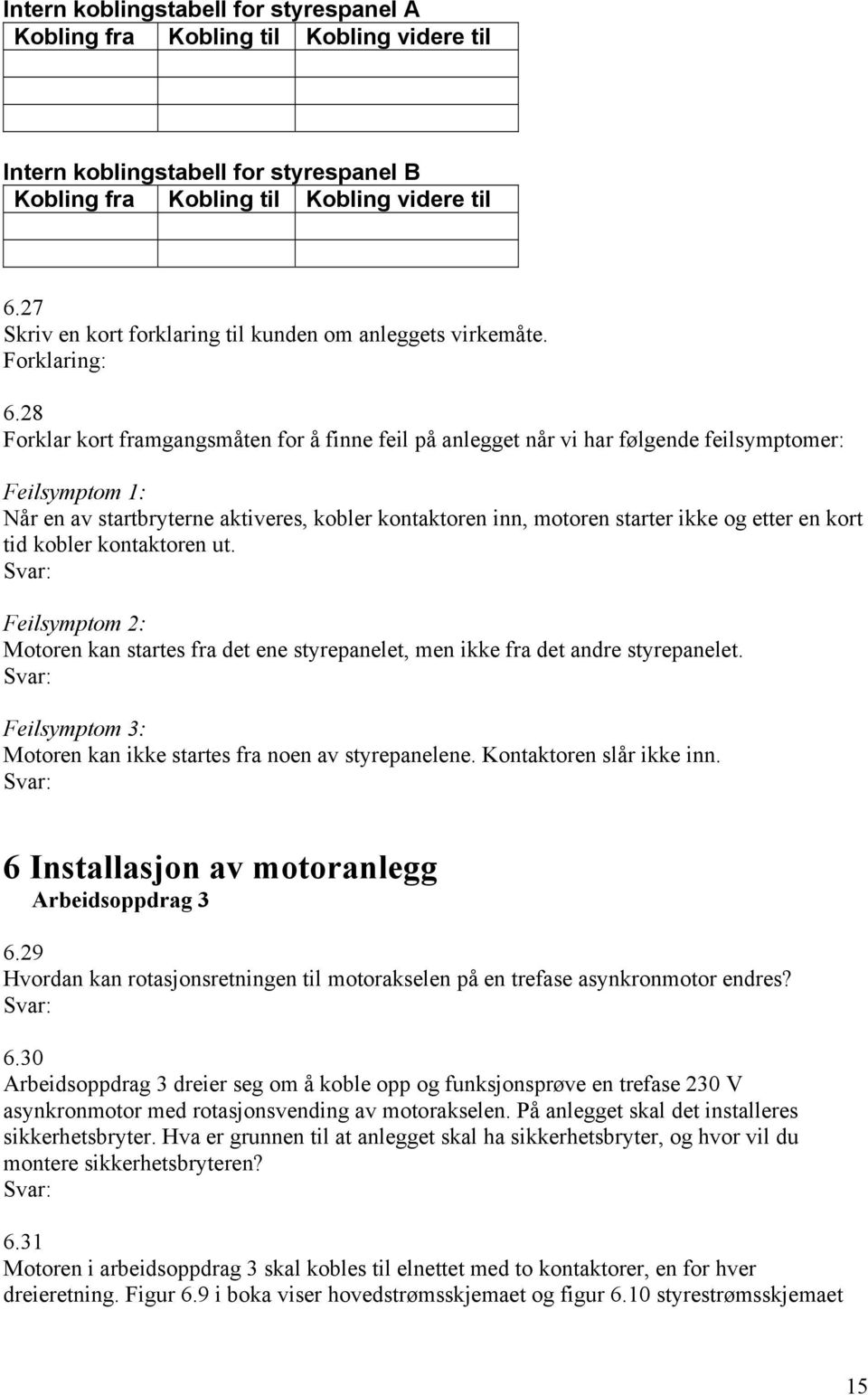 28 Forklar kort framgangsmåten for å finne feil på anlegget når vi har følgende feilsymptomer: Feilsymptom 1: Når en av startbryterne aktiveres, kobler kontaktoren inn, motoren starter ikke og etter