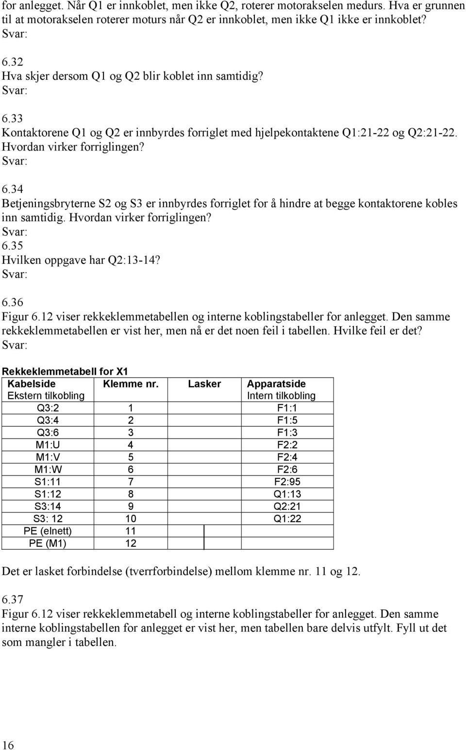 Hvordan virker forriglingen? 6.35 Hvilken oppgave har Q2:13-14? 6.36 Figur 6.12 viser rekkeklemmetabellen og interne koblingstabeller for anlegget.