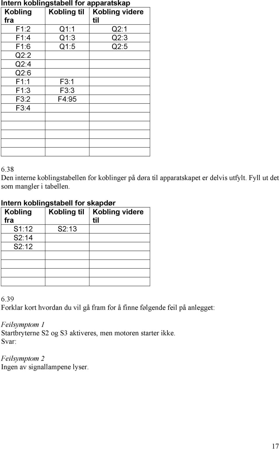 Fyll ut det som mangler i tabellen. Intern koblingstabell for skapdør Kobling fra Kobling til Kobling videre til S1:12 S2:13 S2:14 S2:12 6.