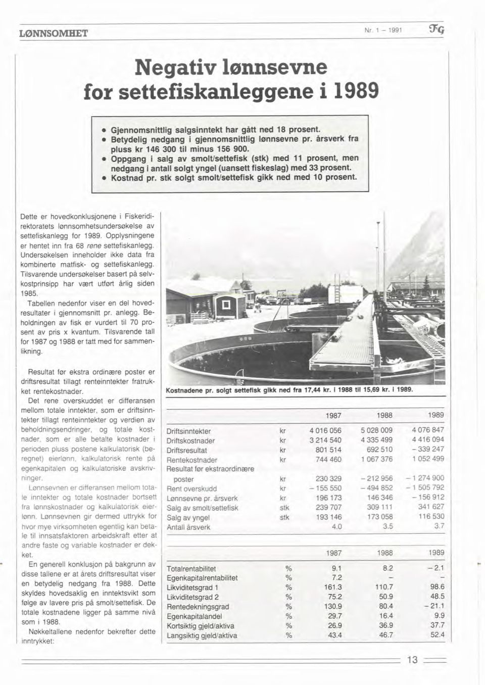 stk solgt smowsettefisk gikk ned med 10 pmsent. Dette er hovedkonidusjonene i Fwkerididtoratets hnsomhetsundersekelse av settefiskanlegg for 1989.