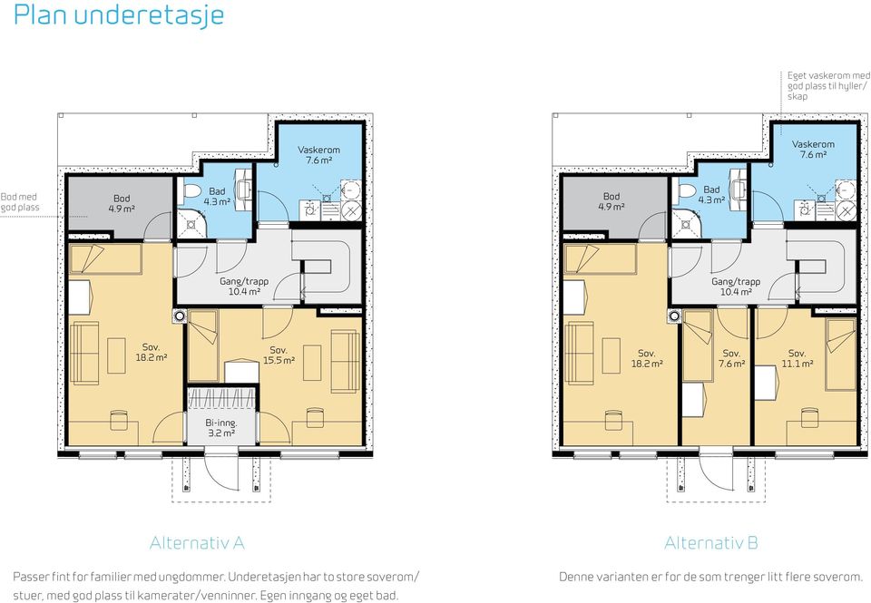 5 m² Stue 24.0 m² 18.2 m² 12.9 m² 7.6 m² 11.1 m² Bi-inng. 3.2 m² Alternativ A Passer fint for familier med ungdommer.