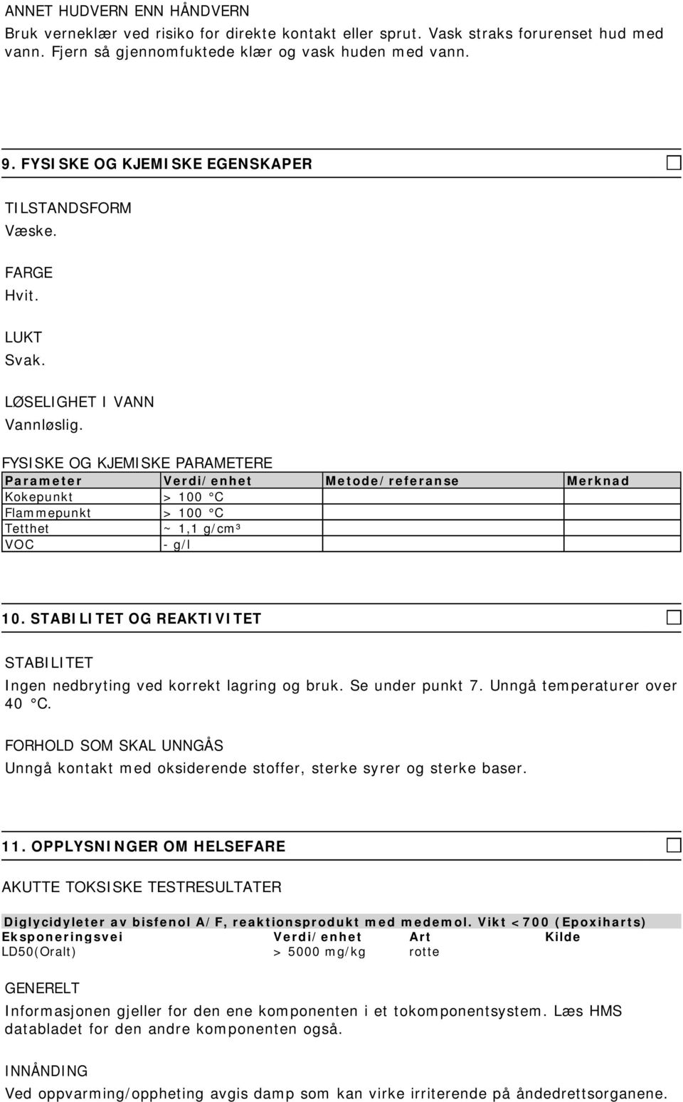 FYSISKE OG KJEMISKE PARAMETERE Parameter Verdi/enhet Metode/referanse Merknad Kokepunkt > 100 C Flammepunkt > 100 C Tetthet ~ 1,1 g/cm³ VOC - g/l 10.