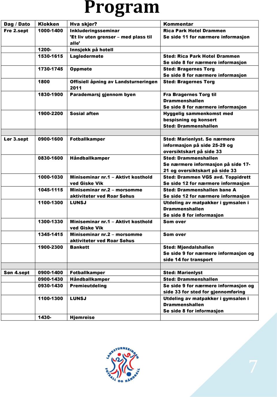 Hotel Drammen Se side 8 for nærmere informasjon 1730-1745 Oppmøte Sted: Bragernes Torg Se side 8 for nærmere informasjon 1800 Offisiell åpning av Landsturneringen 2011 Sted: Bragernes Torg 1830-1900