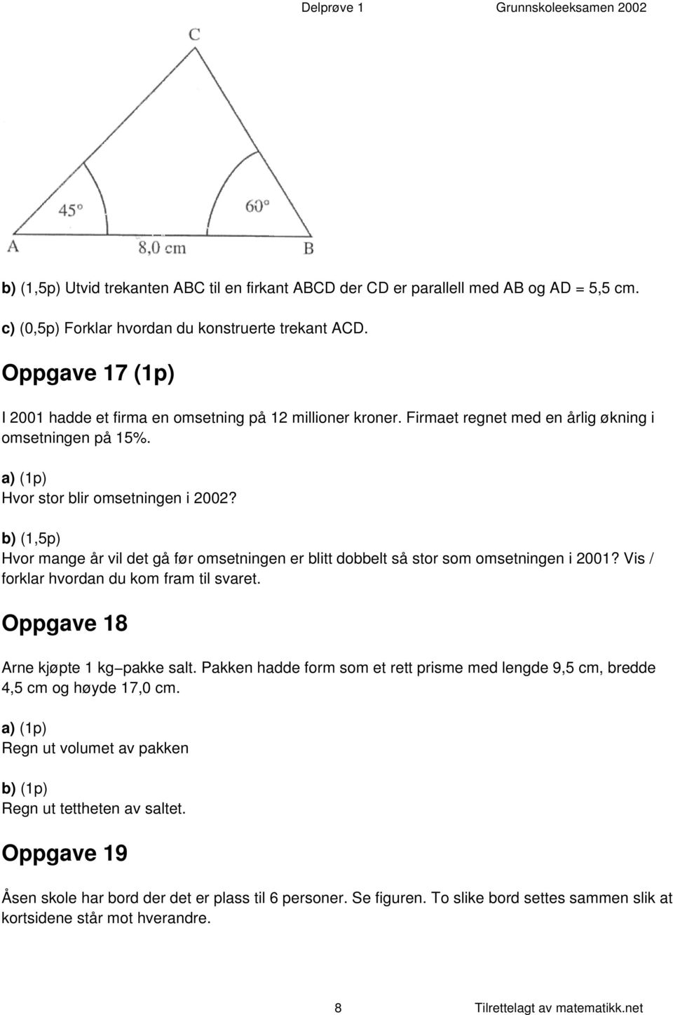 b) (1,5p) Hvor mange år vil det gå før omsetningen er blitt dobbelt så stor som omsetningen i 2001? Vis / forklar hvordan du kom fram til svaret. Oppgave 18 Arne kjøpte 1 kg pakke salt.