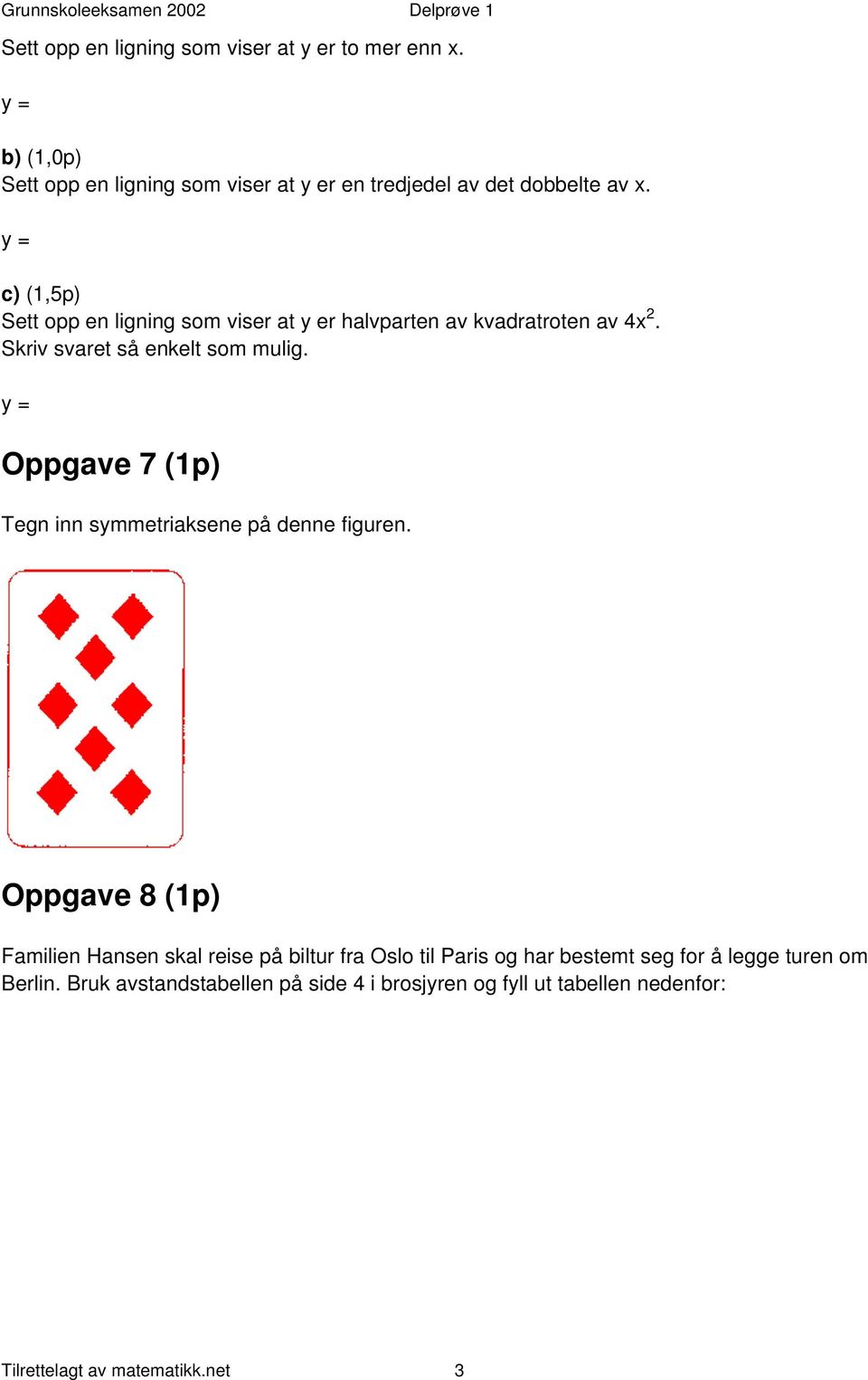 y = c) (1,5p) Sett opp en ligning som viser at y er halvparten av kvadratroten av 4x 2. Skriv svaret så enkelt som mulig.