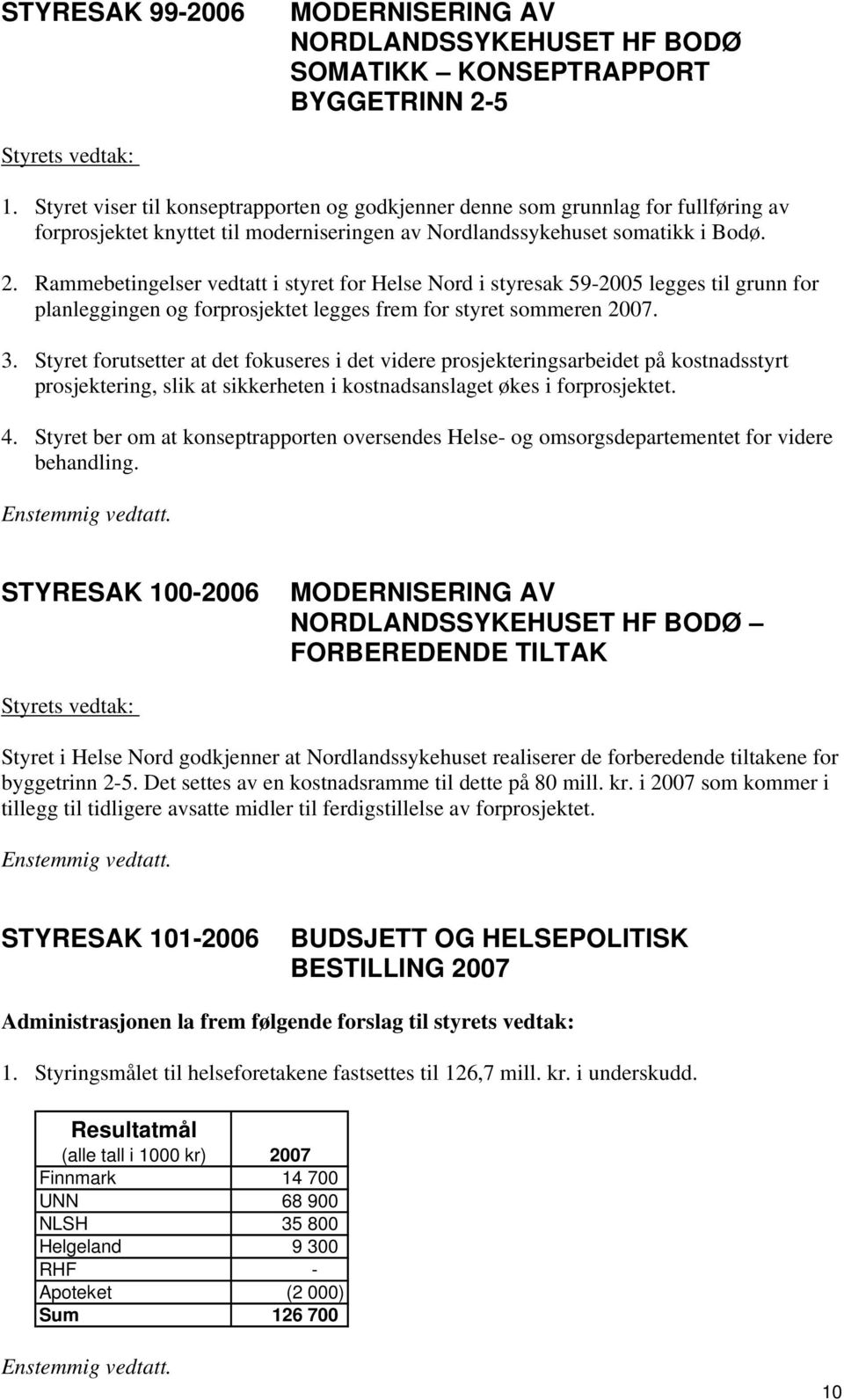 Rammebetingelser vedtatt i styret for Helse Nord i styresak 59-2005 legges til grunn for planleggingen og forprosjektet legges frem for styret sommeren 2007. 3.