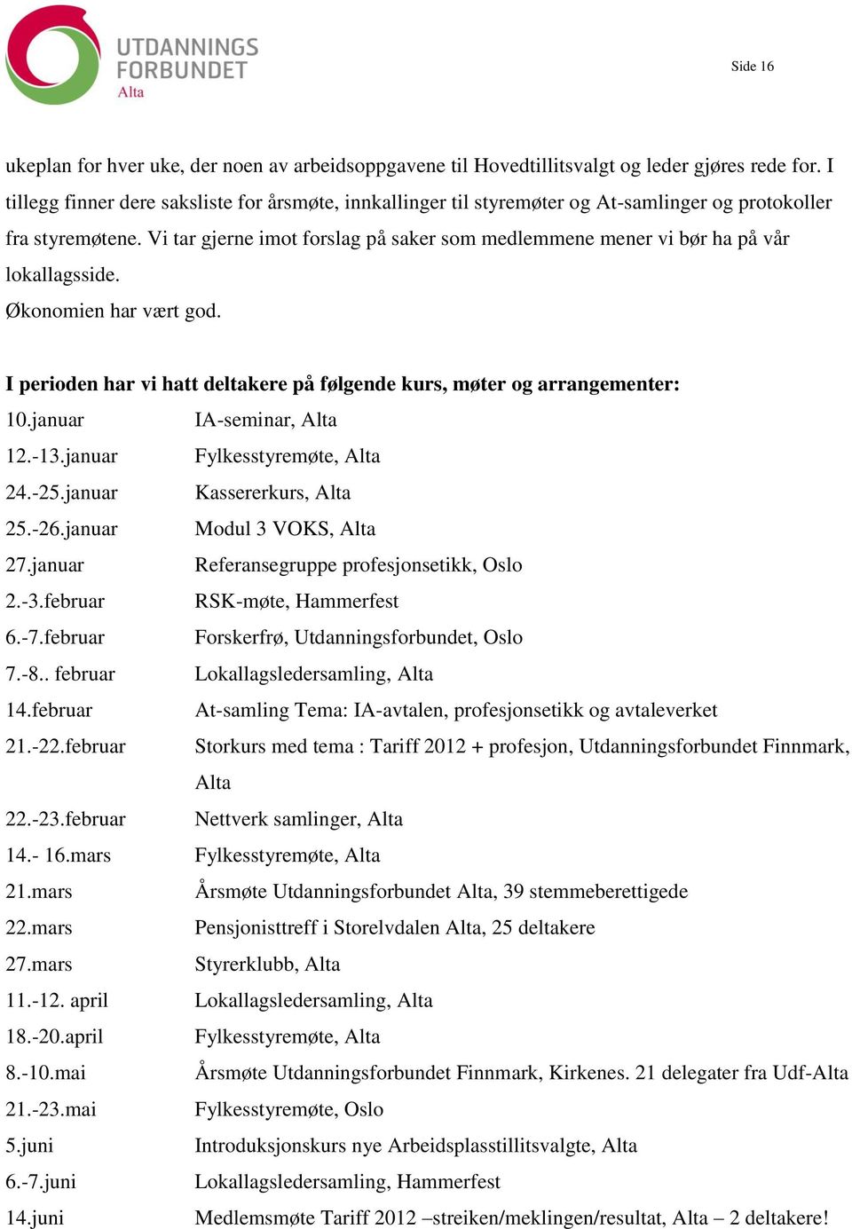 Vi tar gjerne imot forslag på saker som medlemmene mener vi bør ha på vår lokallagsside. Økonomien har vært god. I perioden har vi hatt deltakere på følgende kurs, møter og arrangementer: 10.