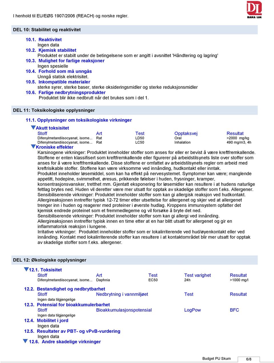 Inkompatible materialer sterke syrer, sterke baser, sterke oksideringsmidler og sterke reduksjonsmidler 10.6. Farlige nedbrytningsprodukter Produktet blir ikke nedbrutt når det brukes som i del 1.