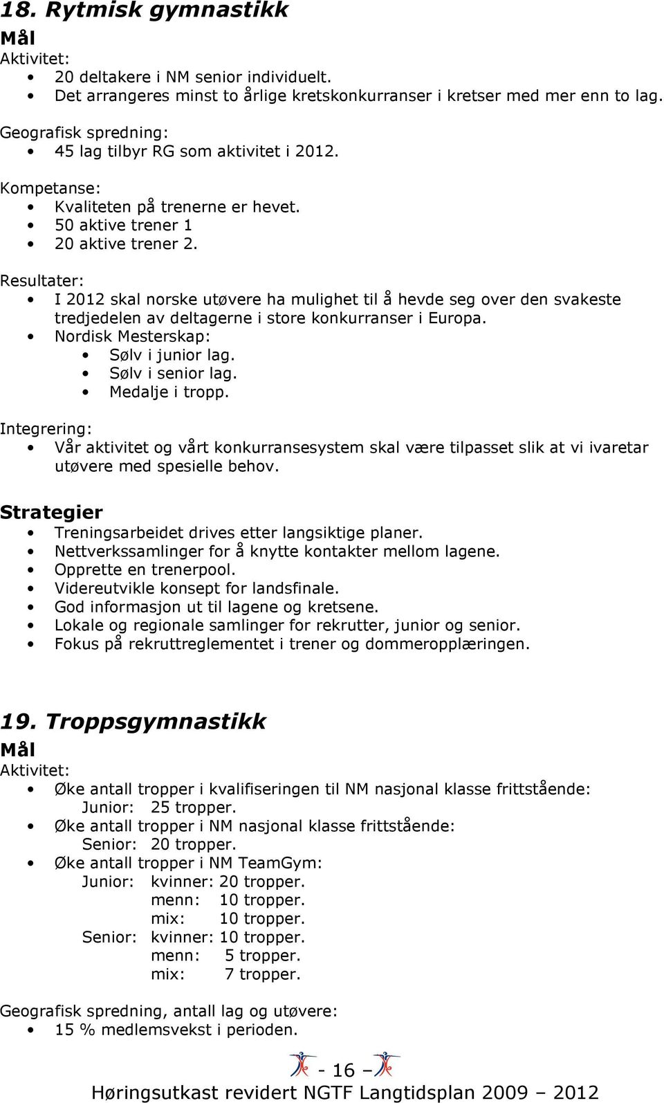 Resultater: I 2012 skal norske utøvere ha mulighet til å hevde seg over den svakeste tredjedelen av deltagerne i store konkurranser i Europa. Nordisk Mesterskap: Sølv i junior lag. Sølv i senior lag.