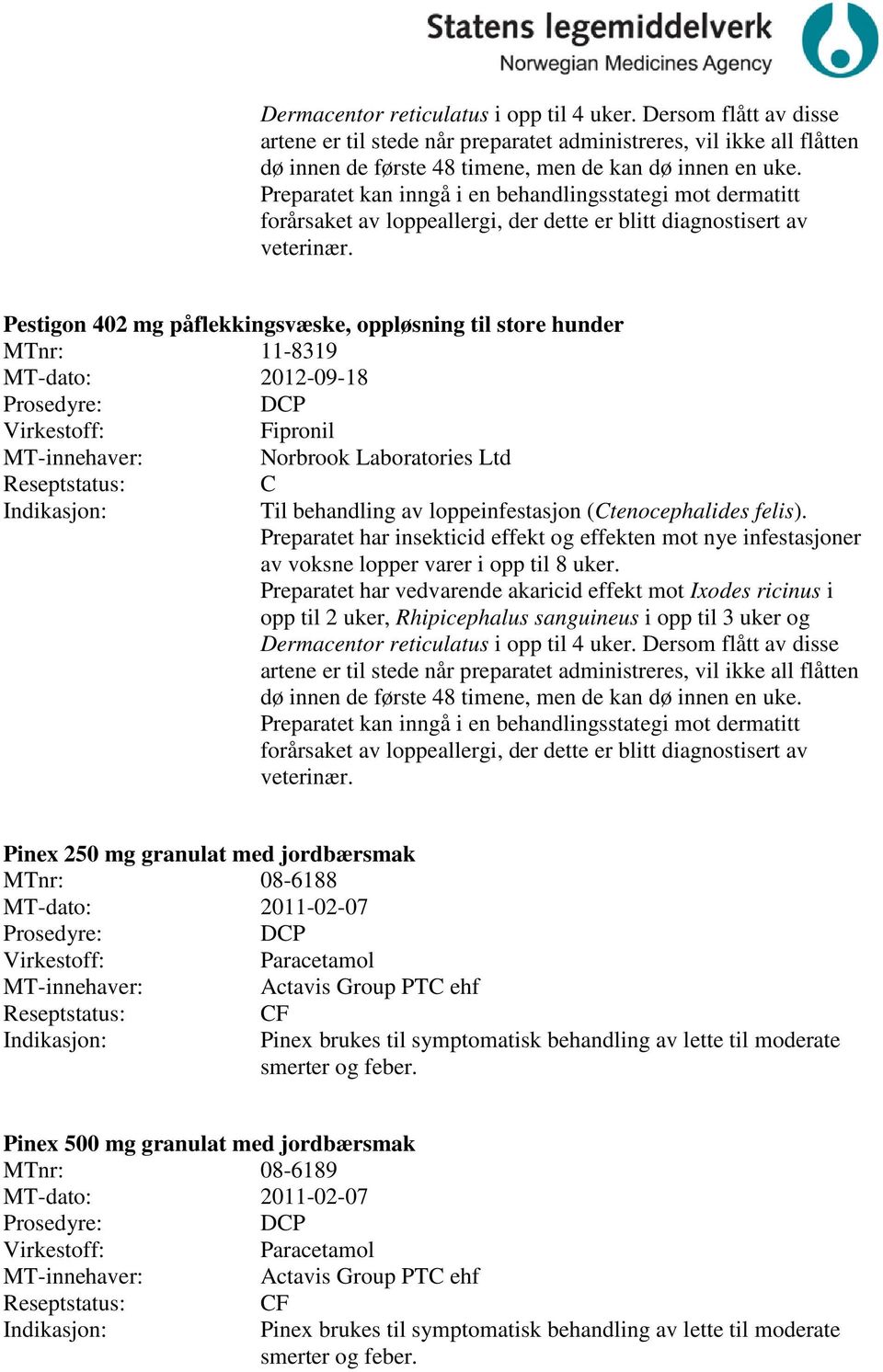 Pestigon 402 mg påflekkingsvæske, oppløsning til store hunder 11-8319 MT-dato: 2012-09-18 DP Fipronil Norbrook Laboratories Ltd Til behandling av loppeinfestasjon (tenocephalides felis).