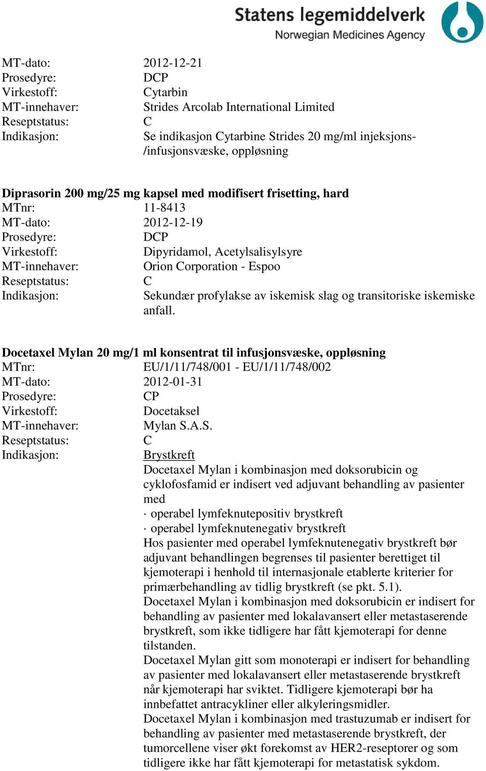 Docetaxel Mylan 20 mg/1 ml konsentrat til infusjonsvæske, oppløsning EU/1/11/748/001 - EU/1/11/748/002 MT-dato: 2012-01-31 P Docetaksel Mylan S.