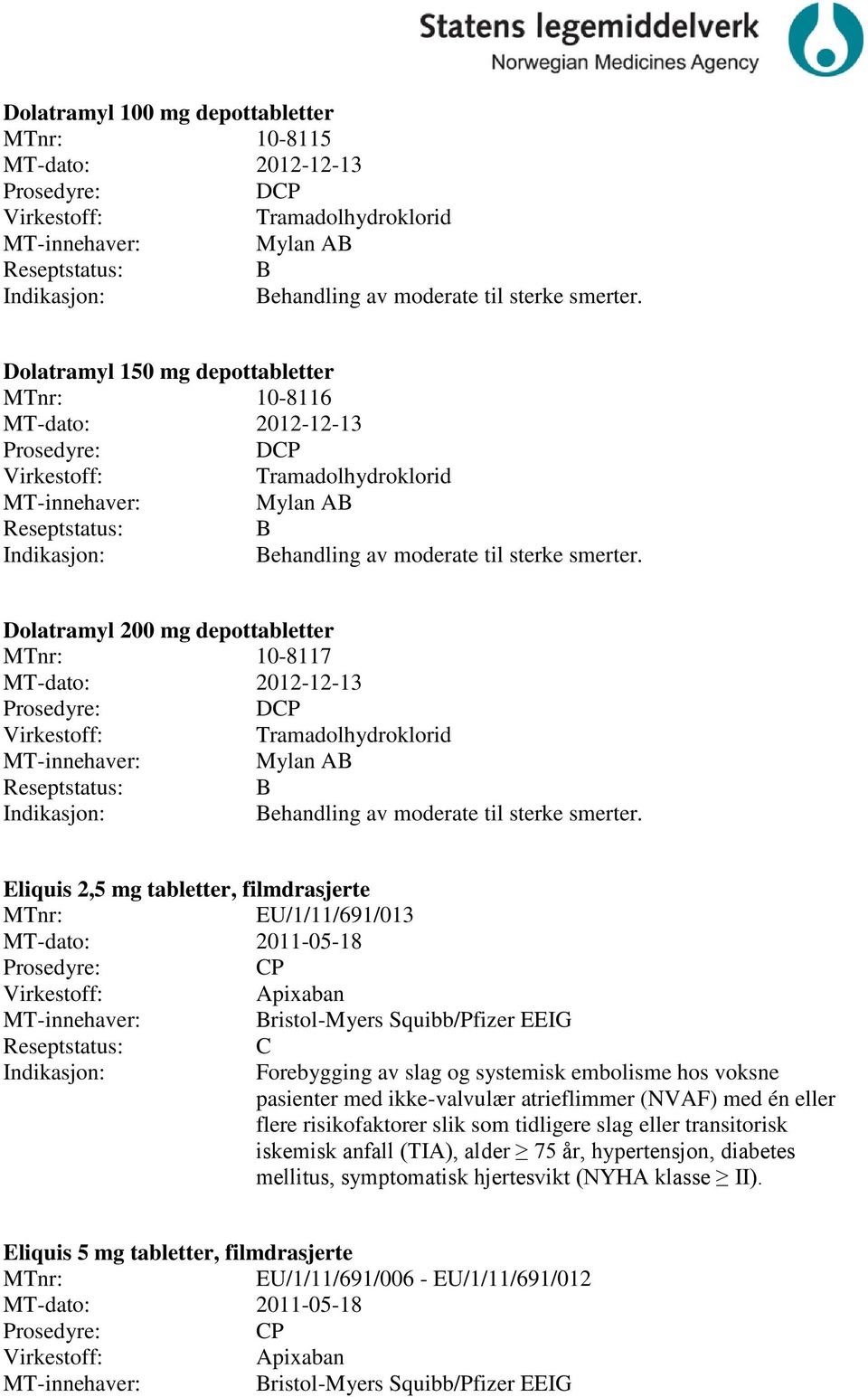 Dolatramyl 200 mg depottabletter 10-8117 MT-dato: 2012-12-13 DP Tramadolhydroklorid Mylan AB B Behandling av moderate til sterke smerter.