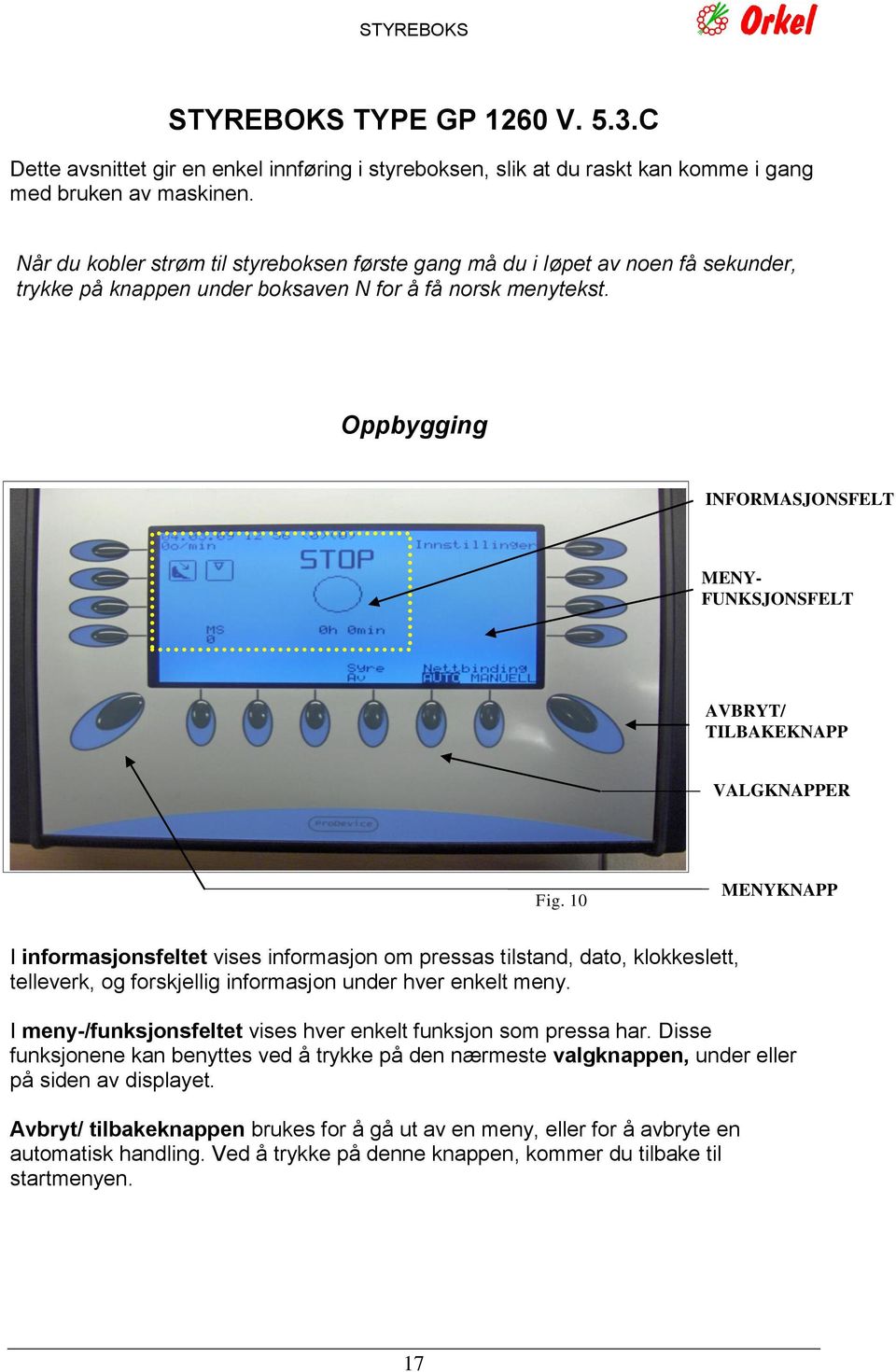 Oppbygging INFORMASJONSFELT MENY- FUNKSJONSFELT AVBRYT/ TILBAKEKNAPP VALGKNAPPER Fig.