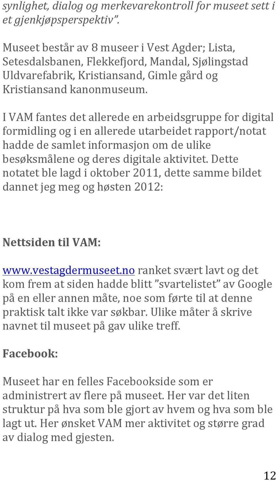 I VAM fantes det allerede en arbeidsgruppe for digital formidling og i en allerede utarbeidet rapport/notat hadde de samlet informasjon om de ulike besøksmålene og deres digitale aktivitet.