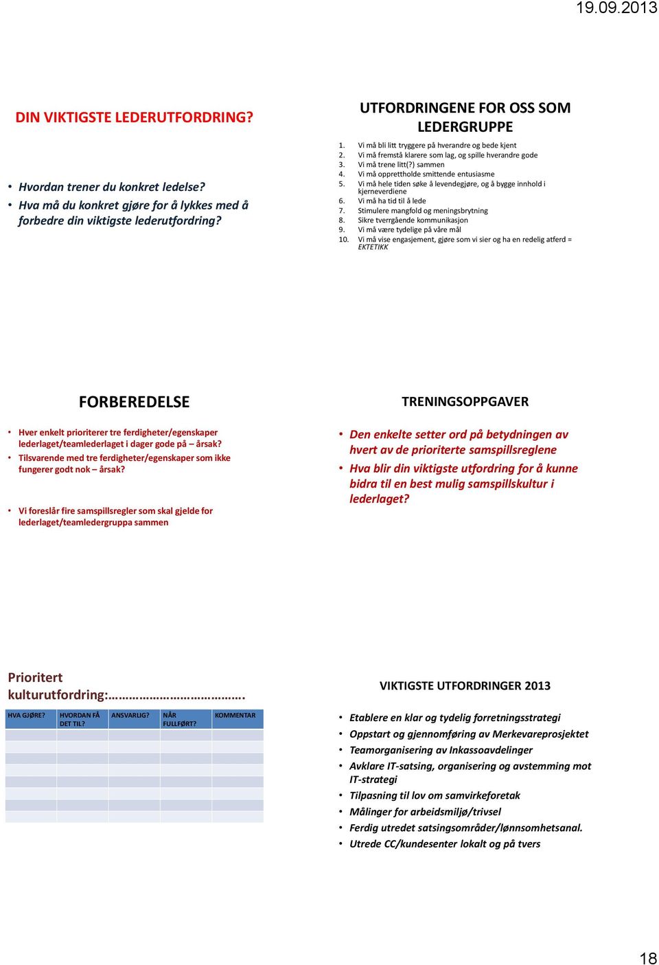 Vi må hele tiden søke å levendegjøre, og å bygge innhold i kjerneverdiene 6. Vi må ha tid til å lede 7. Stimulere mangfold og meningsbrytning 8. Sikre tverrgående kommunikasjon 9.