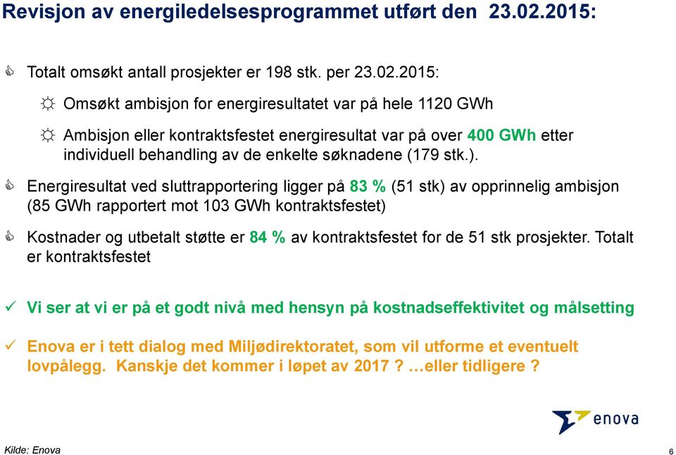 2015: Omsøkt ambisjon for energiresultatet var på hele 1120 GWh Ambisjon eller kontraktsfestet energiresultat var på over 400 GWh etter individuell behandling av de enkelte søknadene (179 stk.).