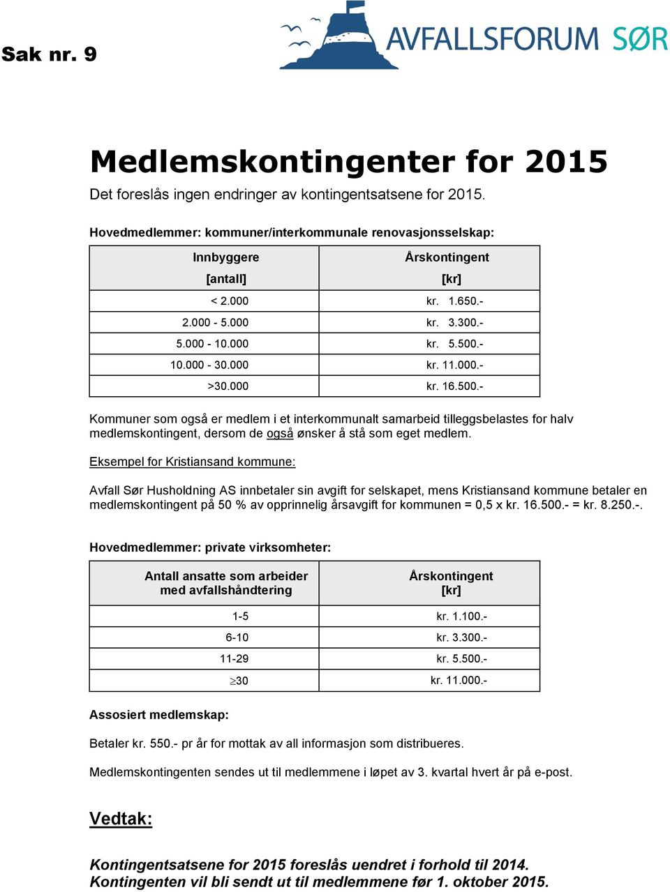 000 kr. 16.500.- Kommuner som også er medlem i et interkommunalt samarbeid tilleggsbelastes for halv medlemskontingent, dersom de også ønsker å stå som eget medlem.