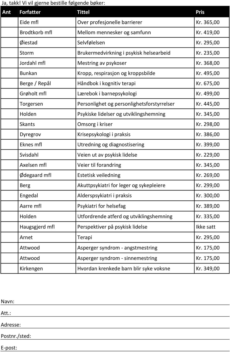 495,00 Berge / Repål Håndbok i kognitiv terapi Kr. 675,00 Grøholt mfl Lærebok i barnepsykologi Kr. 499,00 Torgersen Personlighet og personlighetsforstyrrelser Kr.