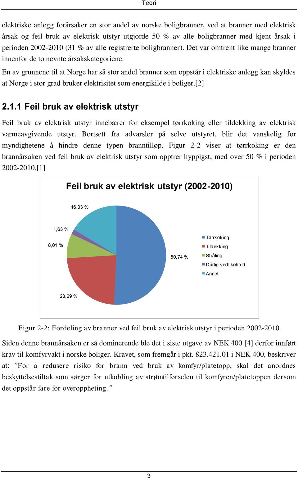 En av grunnene til at Norge har så stor andel branner som oppstår i elektriske anlegg kan skyldes at Norge i stor grad bruker elektrisitet som energikilde i boliger.[2] 2.1.