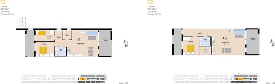 4 m2 Gang 8.9 m2 Bod 3.0 m2 C1 Kjøkken/Stue 30.4 m2 Veranda 12.