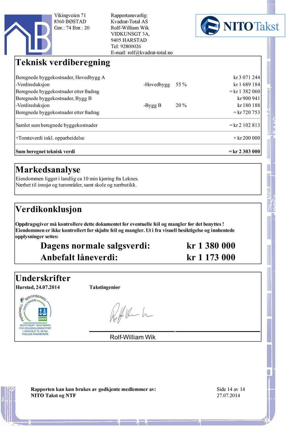 opparbeidelse + kr 200 000 Sum beregnet teknisk verdi = kr 2 303 000 Markedsanalyse Eiendommen ligger i landlig ca 10 min kjøring fra Leknes Nærhet til innsjø og turområder, samt skole og nærbutikk