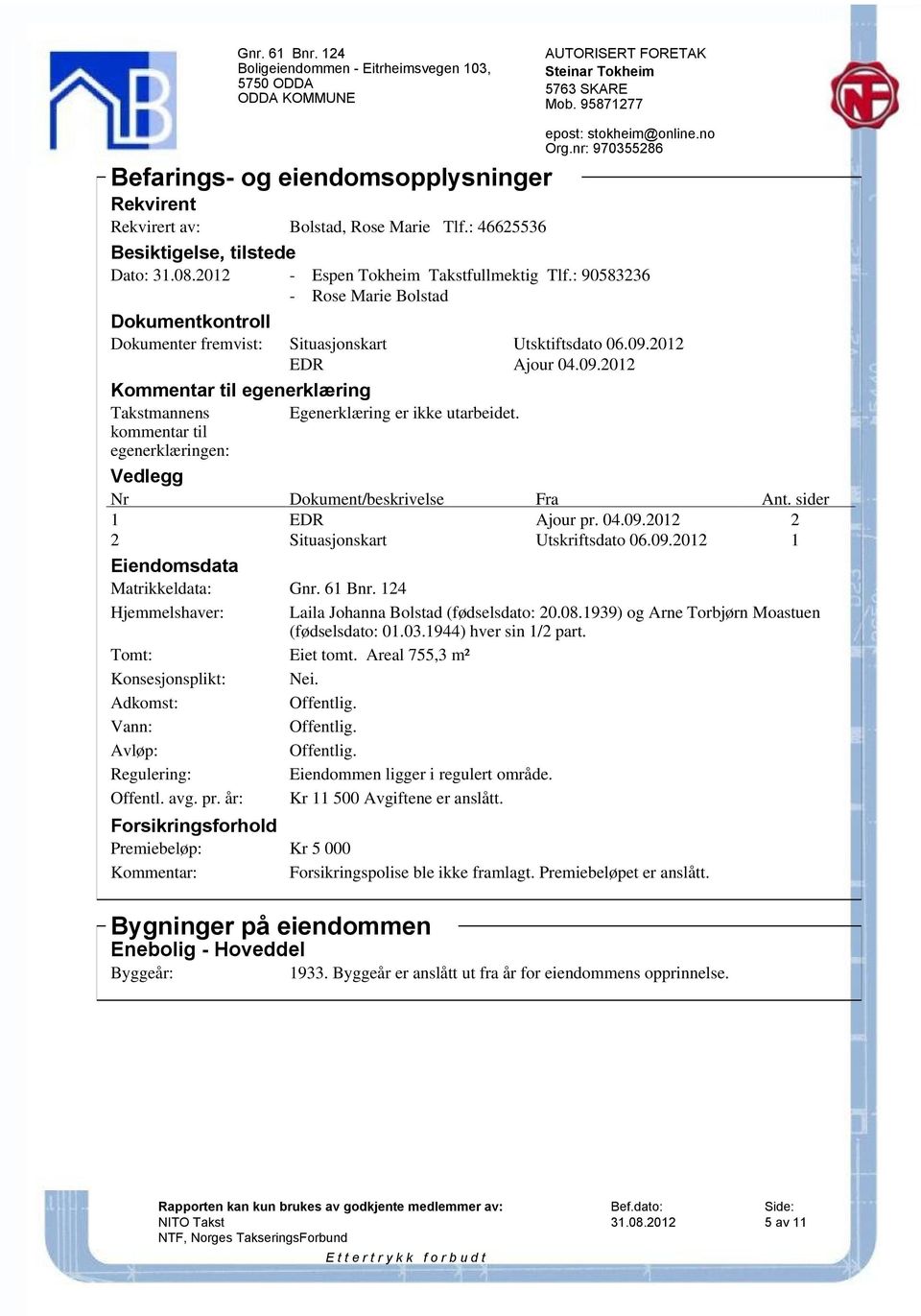 kommentar til egenerklæringen: Vedlegg Nr Dokument/beskrivelse Fra Ant. sider 1 EDR Ajour pr. 04.09.2012 2 2 Situasjonskart Utskriftsdato 06.09.2012 1 Eiendomsdata Matrikkeldata: Gnr. 61 Bnr.