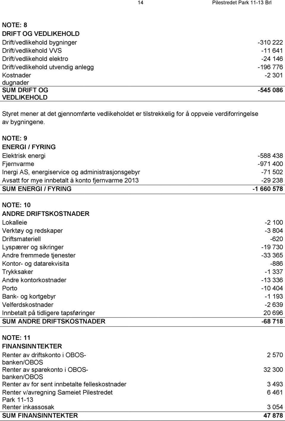 NOTE: 9 ENERGI / FYRING Elektrisk energi -588 438 Fjernvarme -971 400 Inergi AS, energiservice og administrasjonsgebyr -71 502 Avsatt for mye innbetalt à konto fjernvarme 2013-29 238 SUM ENERGI /