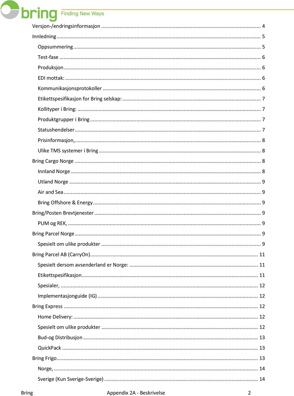 .. 9 Air and Sea... 9 Bring Offshore & Energy... 9 Bring/Posten Brevtjenester... 9 PUM og REK,... 9 Bring Parcel Norge... 9 Spesielt om ulike produkter... 9 Bring Parcel AB (CarryOn).