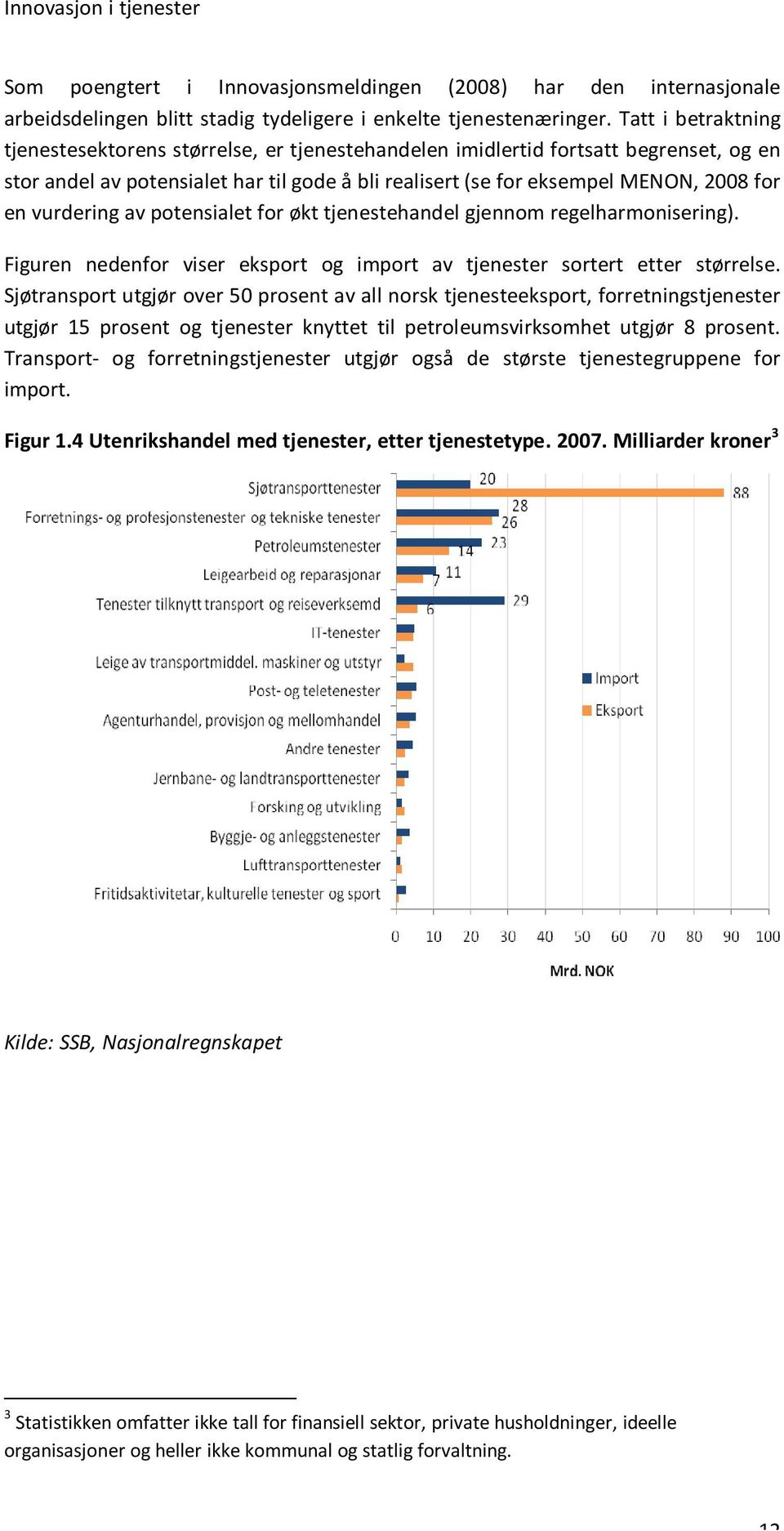 vurdering av potensialet for økt tjenestehandel gjennom regelharmonisering). Figuren nedenfor viser eksport og import av tjenester sortert etter størrelse.