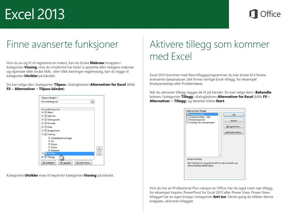 Du kan velge den i kategorien Tilpass i dialogboksen Alternativer for Excel (klikk Fil > Alternativer > Tilpass båndet).