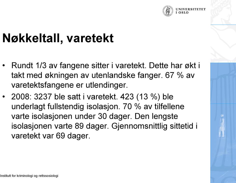 67 % av varetektsfangene er utlendinger. 2008: 3237 ble satt i varetekt.