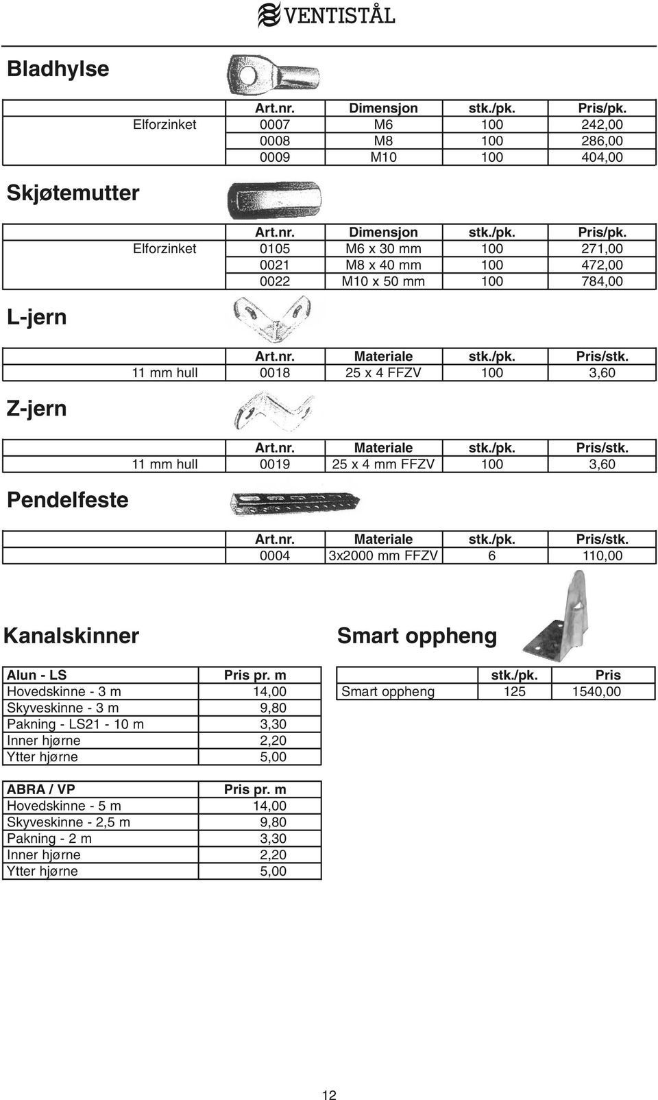 m Hovedskinne - 3 m 14,00 Skyveskinne - 3 m 9,80 Pakning - LS21-10 m 3,30 Inner hjørne 2,20 Ytter hjørne 5,00 Smart oppheng stk./pk. Pris Smart oppheng 125 1540,00 ABRA / VP Pris pr.