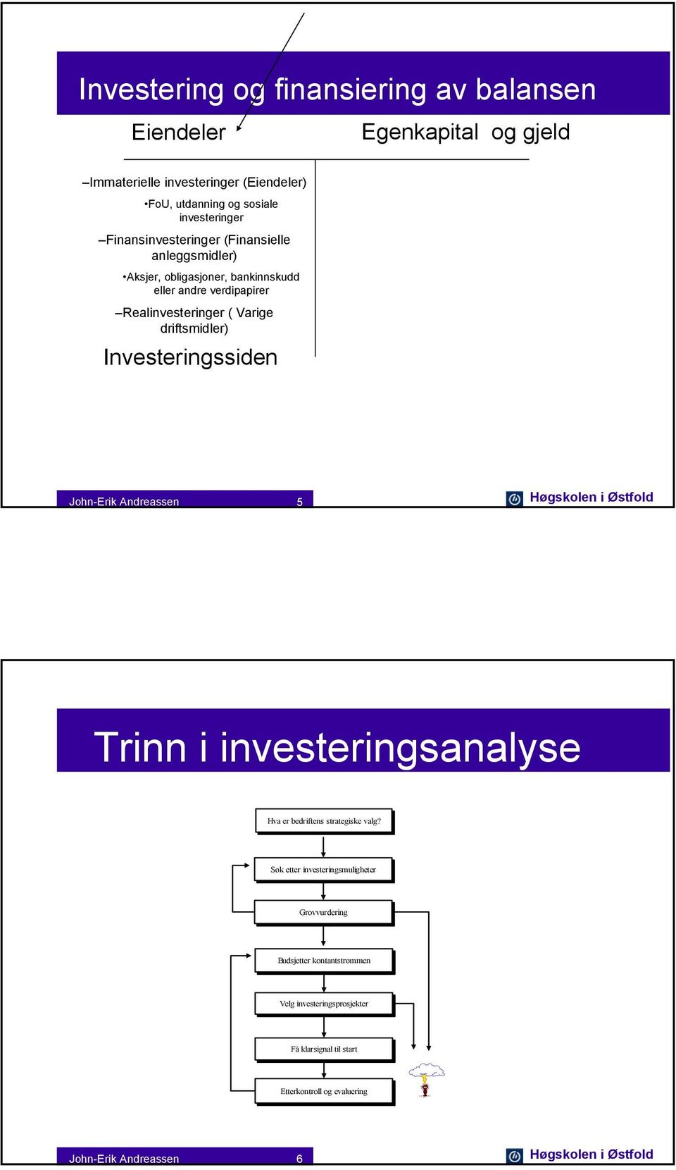 Investeringssiden John-Erik Andreassen 5 Høgskolen i Østfold Trinn i investeringsanalyse Hva er bedriftens strategiske valg?