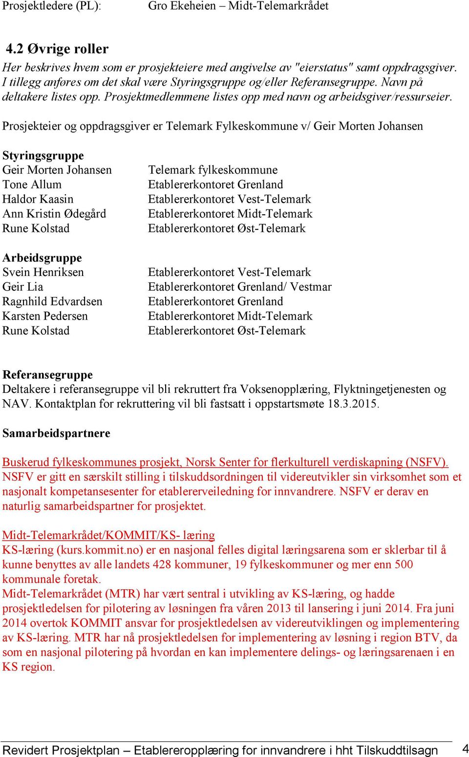 Prosjekteier og oppdragsgiver er Telemark Fylkeskommune v/ Geir Morten Johansen Styringsgruppe Geir Morten Johansen Tone Allum Haldor Kaasin Ann Kristin Ødegård Rune Kolstad Arbeidsgruppe Svein