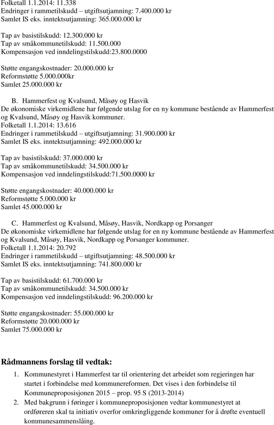 Hammerfest og Kvalsund, Måsøy og Hasvik De økonomiske virkemidlene har følgende utslag for en ny kommune bestående av Hammerfest og Kvalsund, Måsøy og Hasvik kommuner. Folketall 1.1.2014: 13.