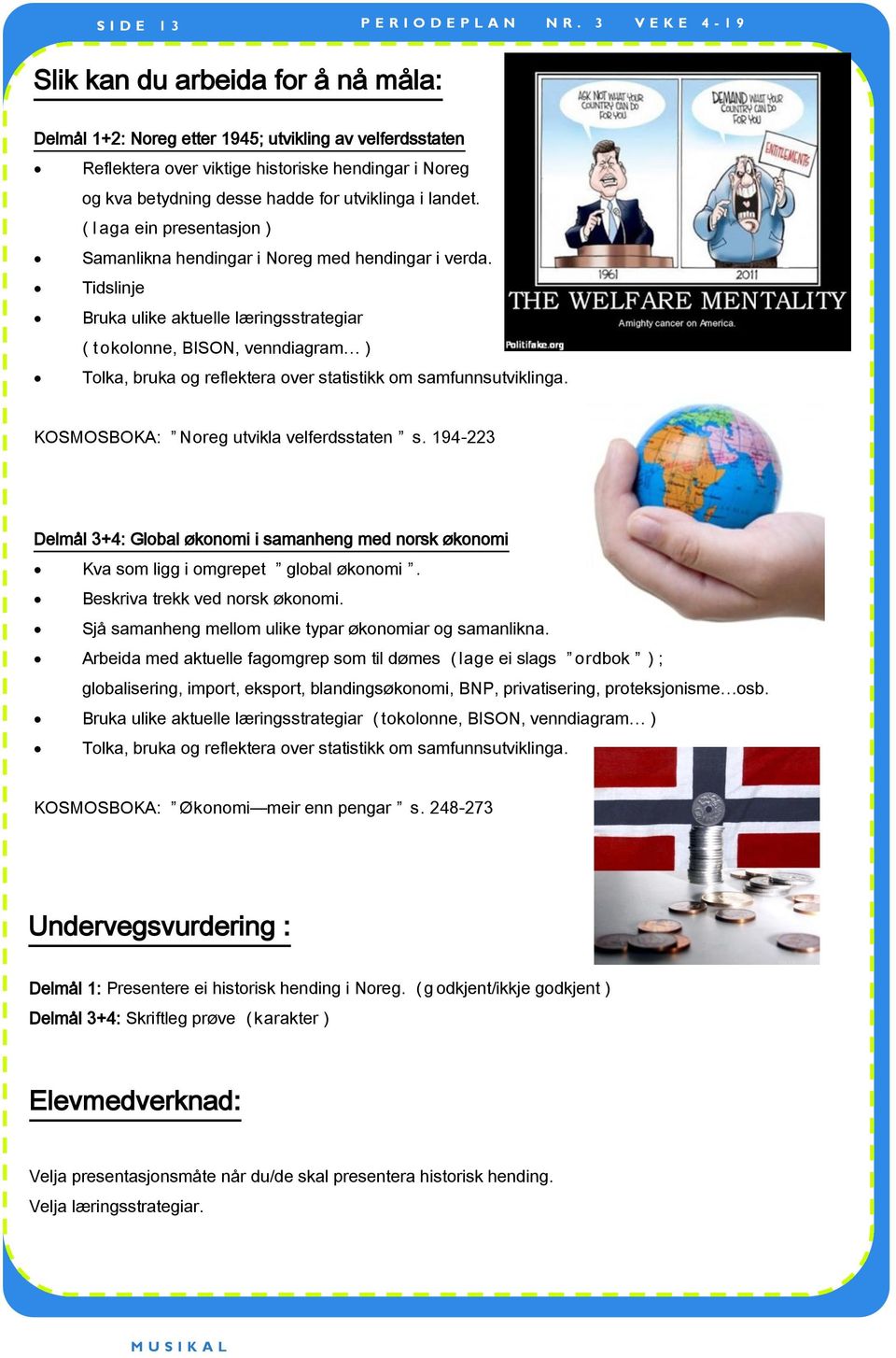 Tidslinje Bruka ulike aktuelle læringsstrategiar ( t okolonne, BISON, venndiagram ) Tolka, bruka og reflektera over statistikk om samfunnsutviklinga. KOSMOSBOKA: Noreg utvikla velferdsstaten s.