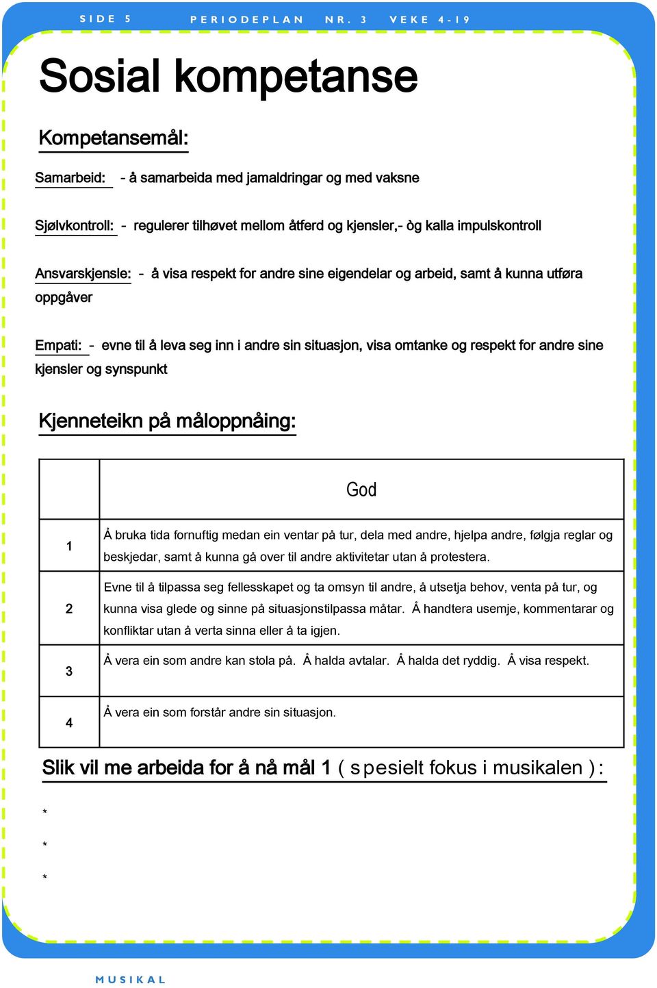 kjensler og synspunkt Kjenneteikn på måloppnåing: God 1 2 3 Å bruka tida fornuftig medan ein ventar på tur, dela med andre, hjelpa andre, følgja reglar og beskjedar, samt å kunna gå over til andre