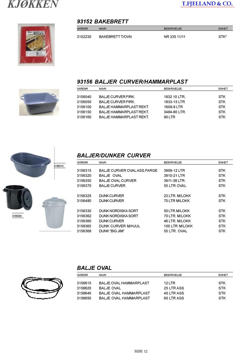 90 LTR STK 3156315 BALJER/DUNKER CURVER 3156315 BALJE CURVER OVAL ASS.FARGE 3909-12 LTR STK 3156320 BALJE OVAL 3910-21 LTR STK 3156350 BALJE OVAL CURVER 3911-38 LTR.