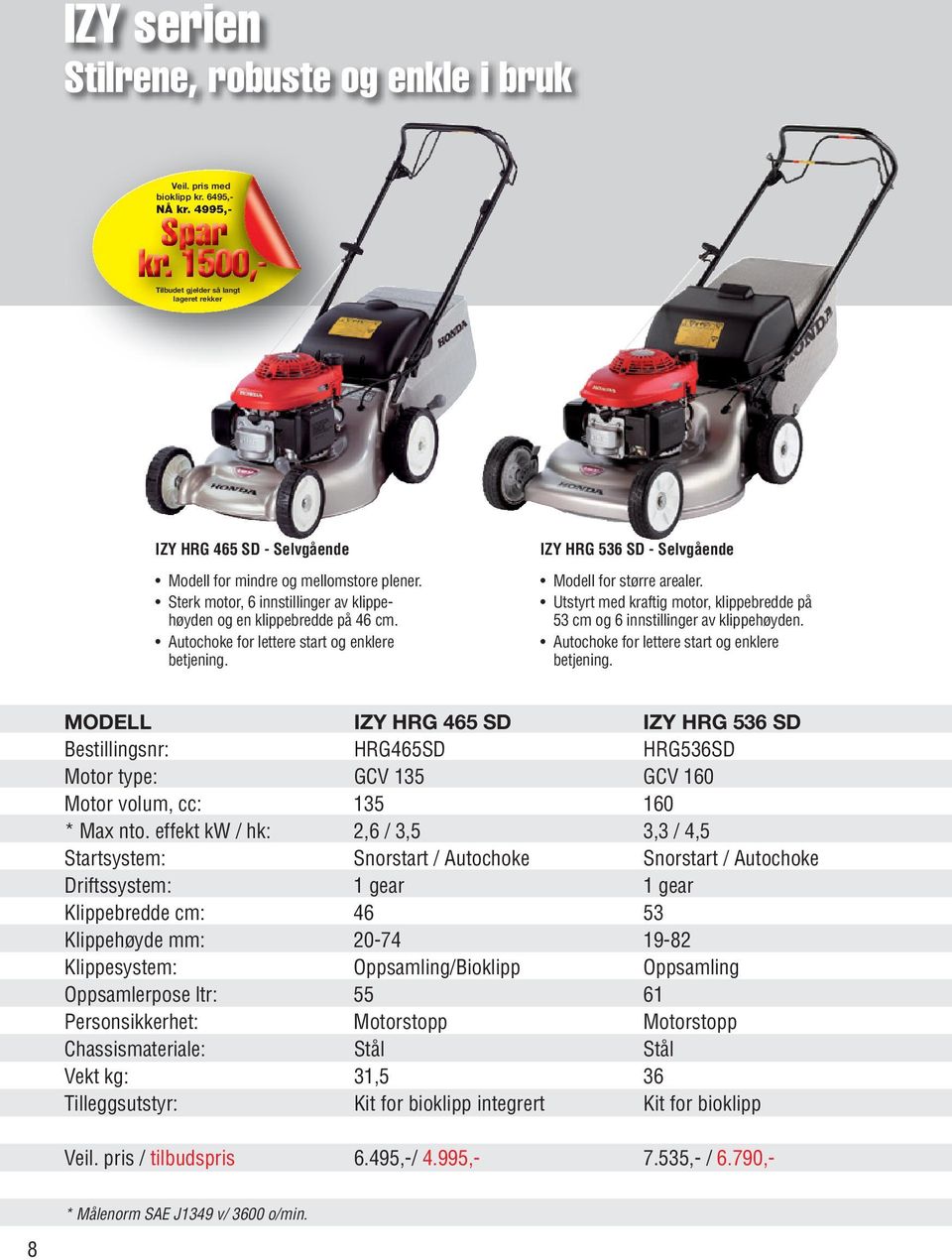 Autochoke for lettere start og enklere betjening. IZY HRG 536 SD - Selvgående Modell for større arealer. Utstyrt med kraftig motor, klippebredde på 53 cm og 6 innstillinger av klippehøyden.