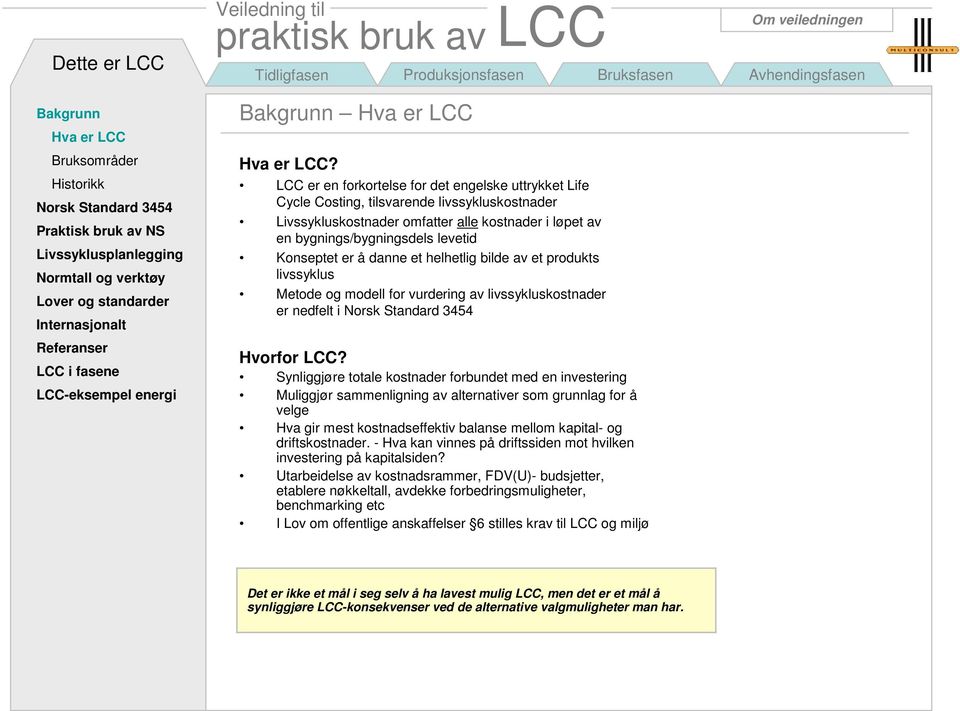 danne et helhetlig bilde av et produkts livssyklus Metode og modell for vurdering av livssykluskostnader er nedfelt i Hvorfor?