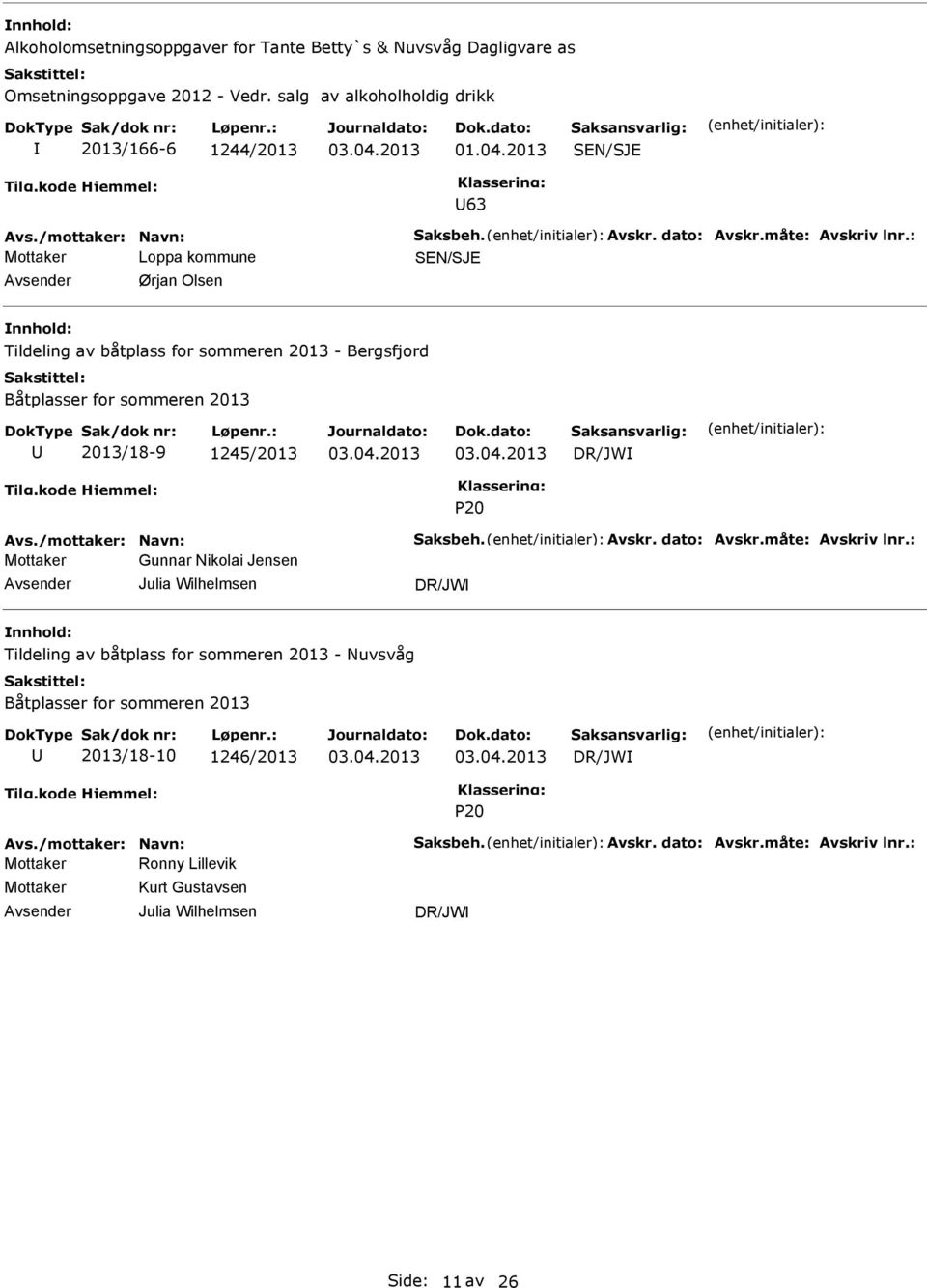 : SEN/SJE Avsender Ørjan Olsen nnhold: Tildeling av båtplass for sommeren 2013 - Bergsfjord Båtplasser for sommeren 2013 2013/18-9 1245/2013 DR/JW P20 Avs.